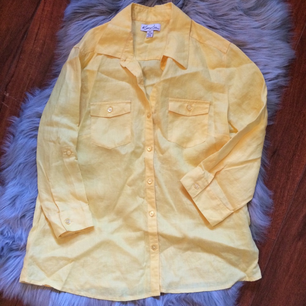 Yellow 100% Linen Button Down 3/4 Sleeve